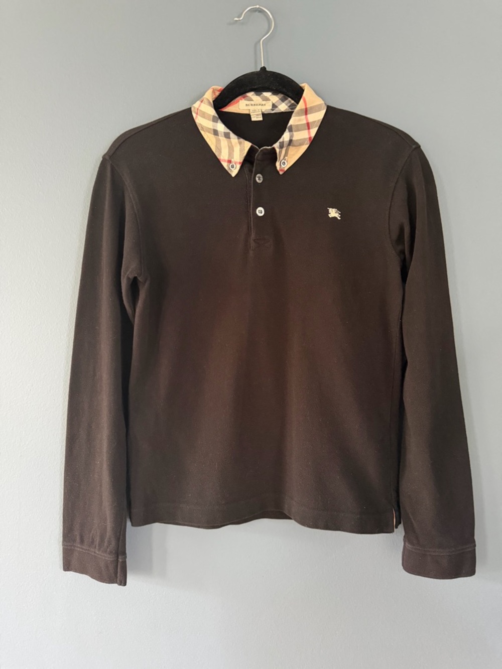 Burberry Boys Black Long-Sleeve Polo with Signature Check Collar Size 14Y